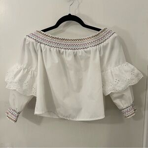 Off The Shoulder Peasant Top M Tiered Eyelet Sleeve White Cropped Rainbow Smock
